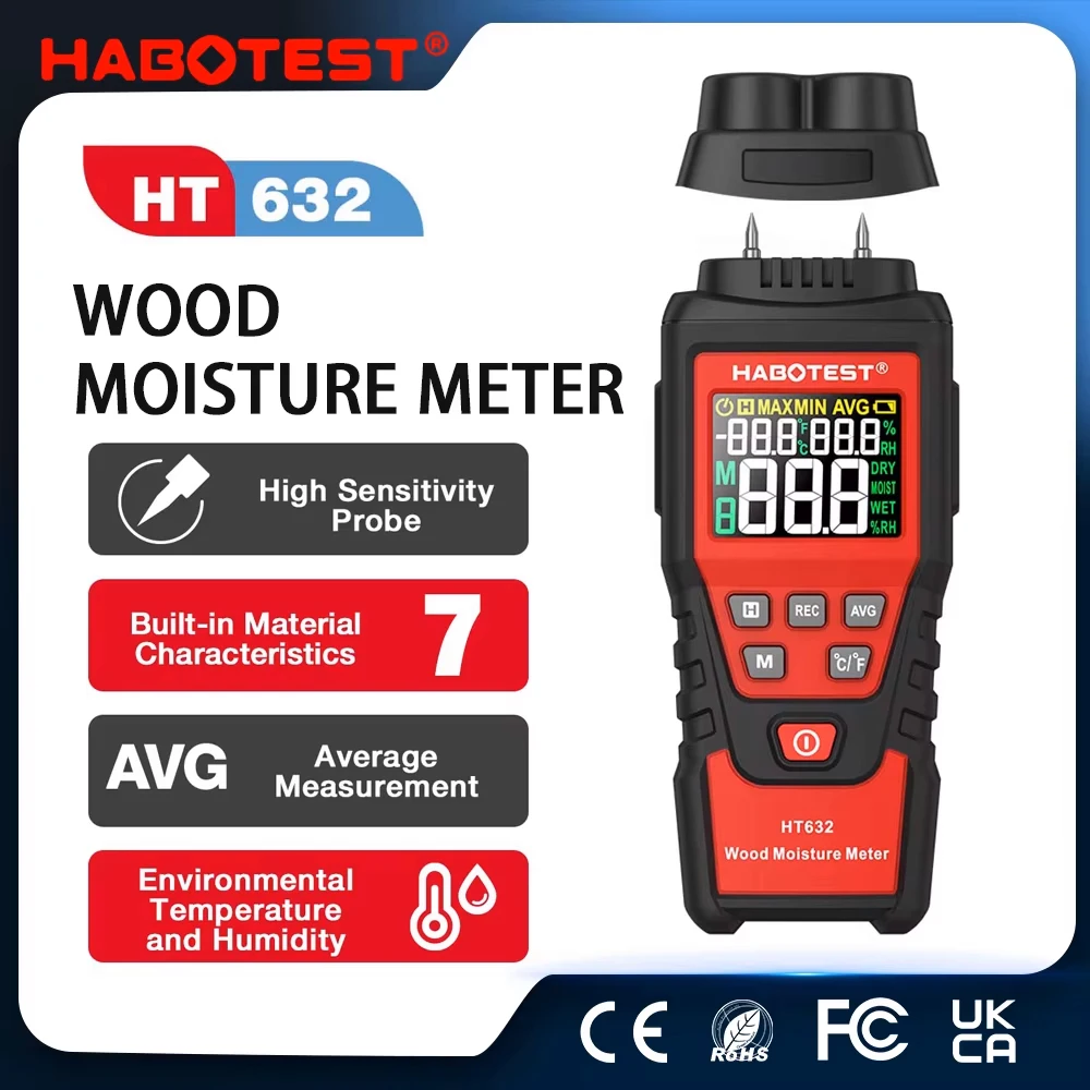 

HT632 Wood Moisture Meter Wall Water Tester Digital Humidity Meter HABOTEST Two Pins Hygrometer Concrete Cement Brick Detector