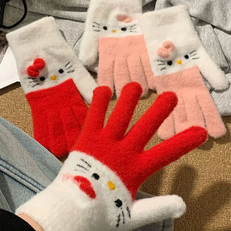 Kawaii hello kitty luvas de pelúcia estudante sanrio bonito anime outono inverno quente engrossar luvas anticongelante luvas de equitação ao ar livre