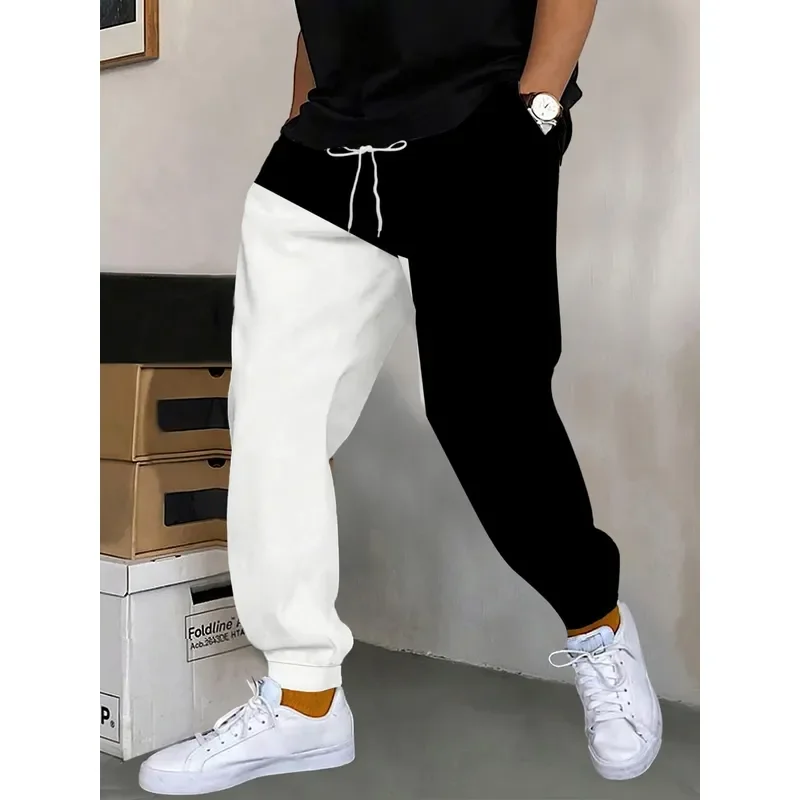 2026 Trendy Asymmetrical Splicing Contrast Color Digital Print Men Sweatpants Elastic Waist Drawstring Ankle Cuff Casual