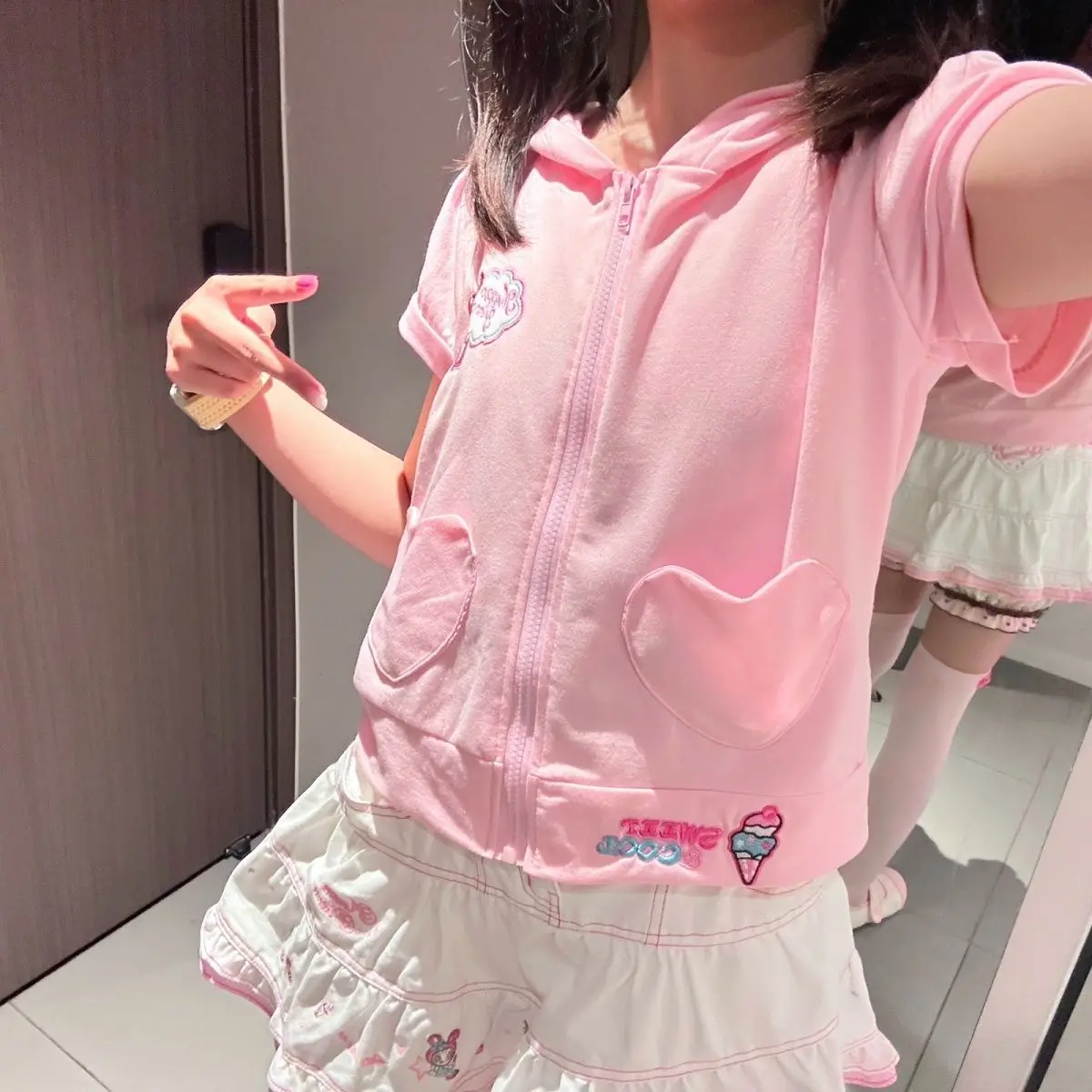 Summer New Sweey Girl Pink Jackets Coat Japanese Cartoon Mp Embroidery Cute Jojifuku Short Sleeves Zipper Hoodie Y2k Top