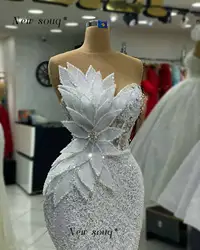 Newest African Fashion Glitter Long White Evening Dresses with 3D Leaf Details Sleeveless Formal Dubai Wedding Prom Gowns Robe