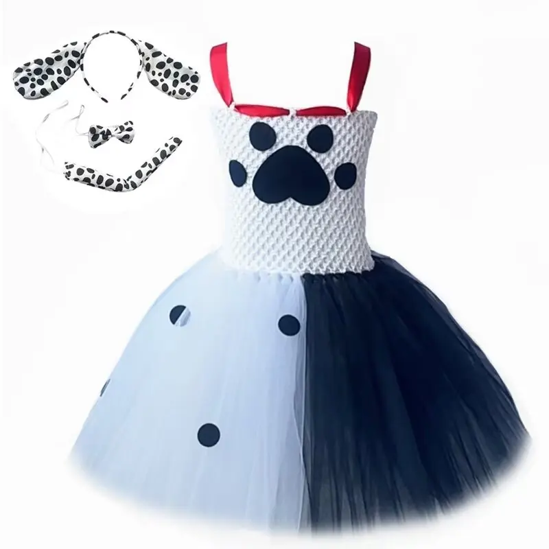 White Black Dalmatians Dog Tutu Dress for Baby Girl Cruella Villain Halloween Costumes for Kids Toddler Puppy Outfit Clothes Set