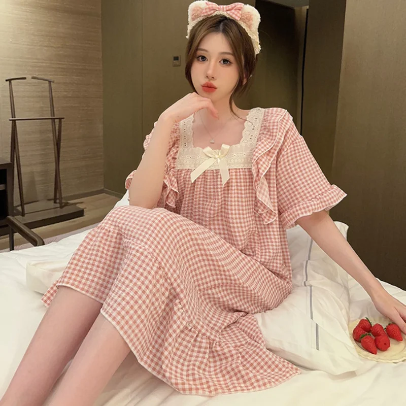 Maternity Nightgown Homewear Women Summer Princess Style Bubble Cotton Short-Sleeved Nightgown Loose Plus Fat Large Size Homewea