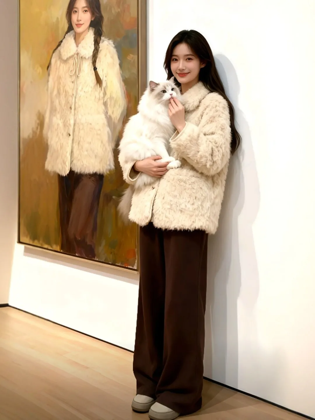 

Unique ort Lamb Fur Leather Inteated Jaet Sli Winter Outerwear Warm Gentle Sle Stand Fit Button Detail Coat