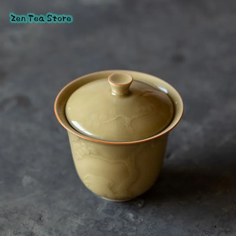 Chinese Retro Ding Kiln Relief Two Cover Bowl A Single High-grade Small Ceramic Kung Fu Tea Set Tea Bowl Small Capacity