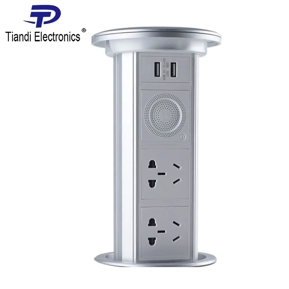 Desk Wireless and USB charge power outlet universal five holes manual pull up tabletop socket + Bluetooth speaker plug wire 1.5m