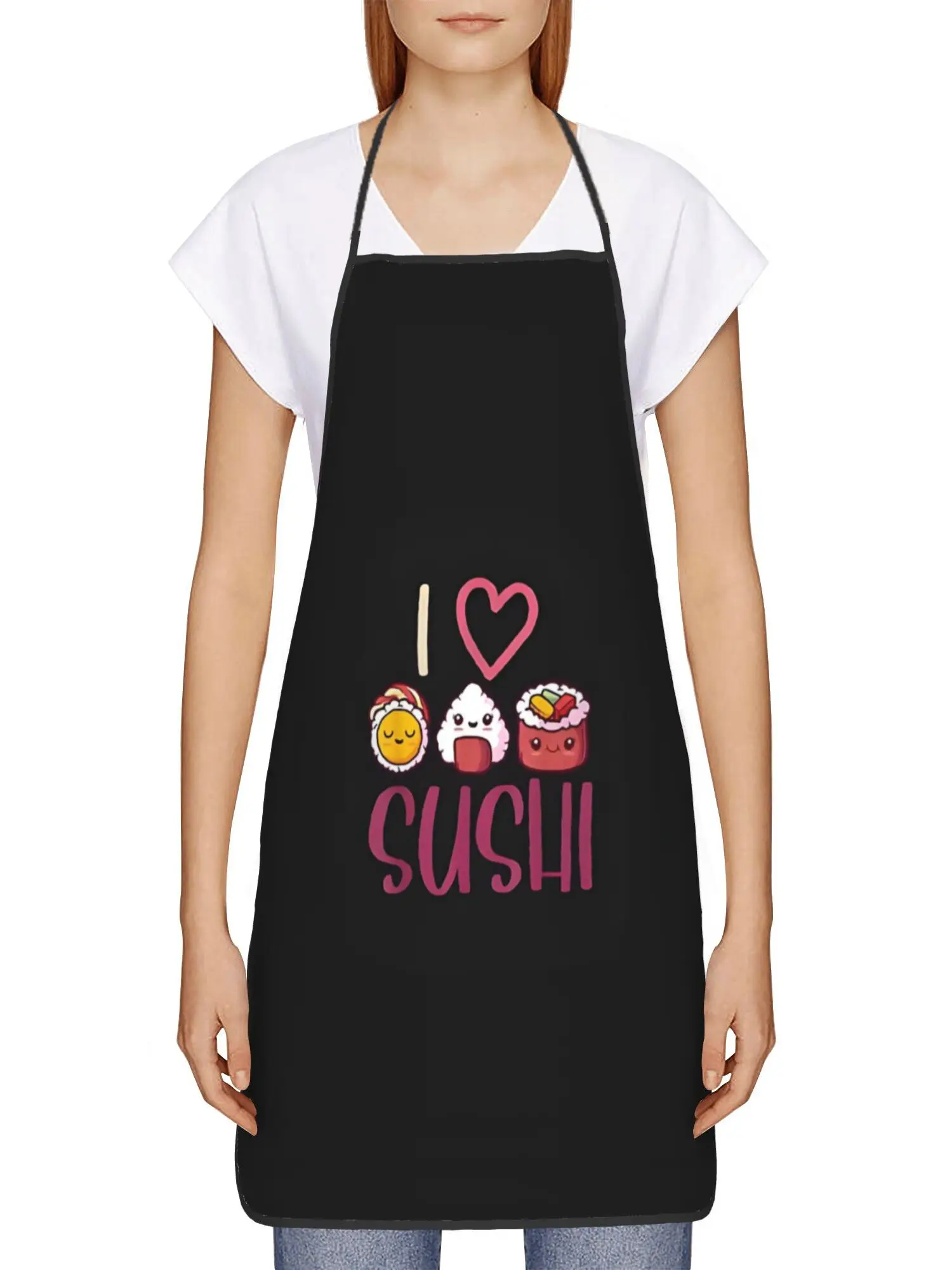 I Love Sushi Kitchen Apron - Funny Cartoon Sushi Pattern Linen Look Chef Bib for Men Women Cooking Baking Gift Home Decor