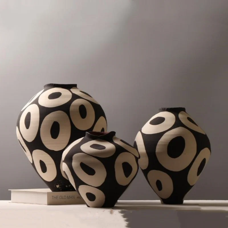 Florero de cerámica con círculos geométricos dibujados a mano, florero, accesorios de arreglo floral, maceta de porcelana, decoración del hogar