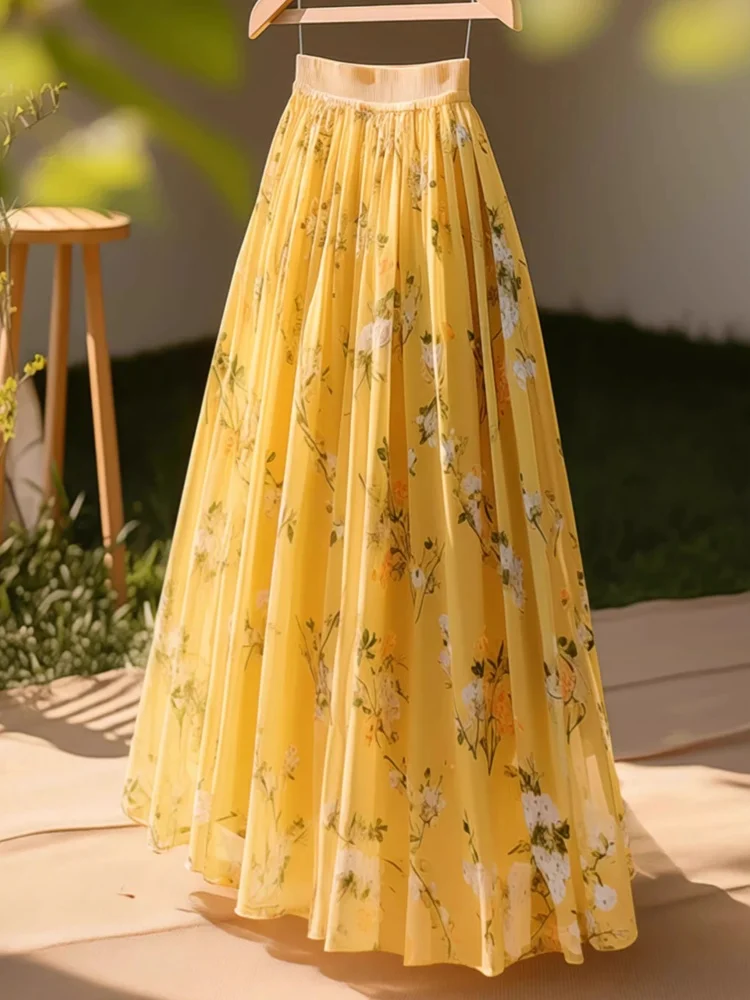 Light Yellow Cute Floral Sweet Full Flowing Skirts Mid Length Pleated Skirt France Design Elegant Women Casual Vacation Dresses