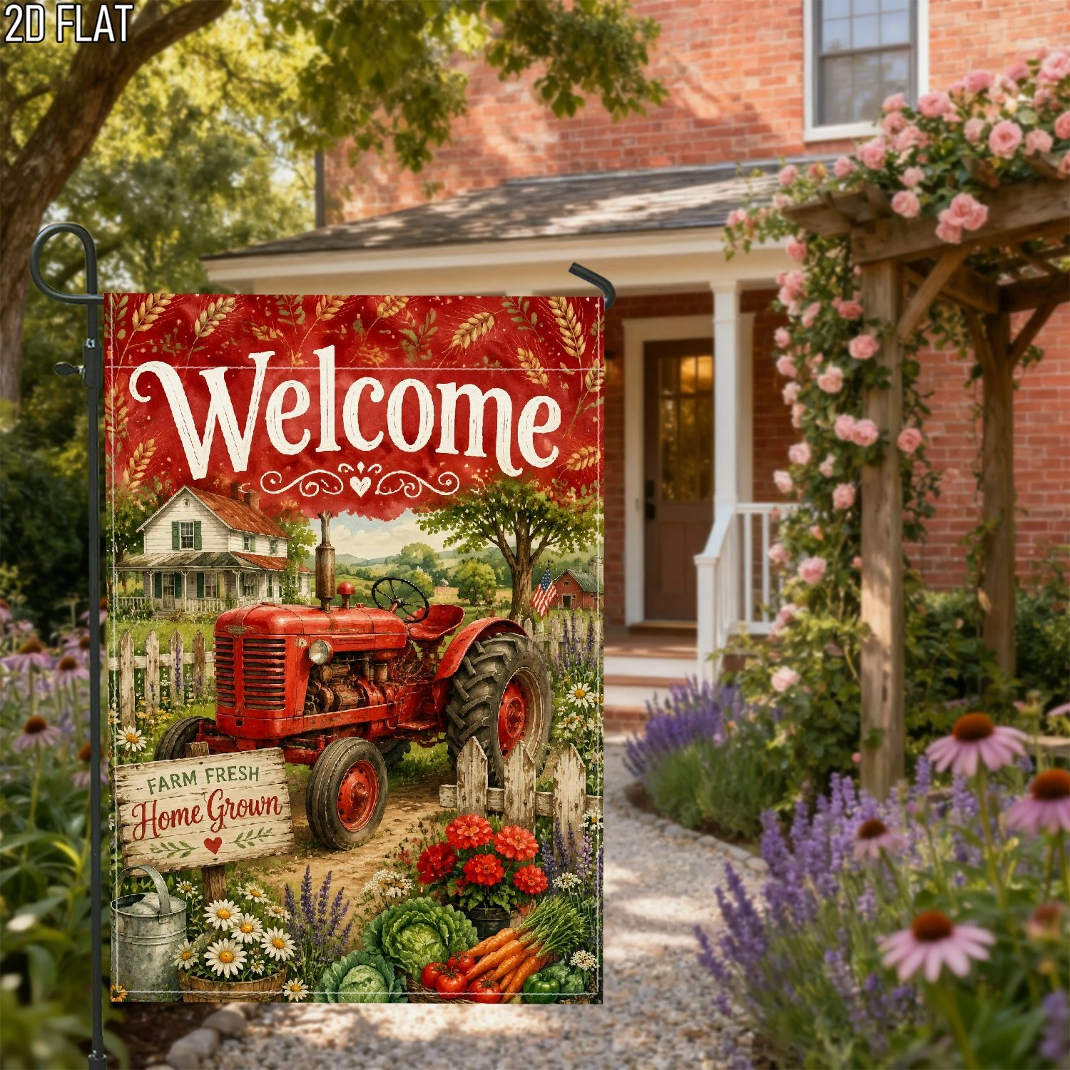 1pcs Welcome Farmhouse Red Tractor Garden Flag Vintage Rustic Farm Fresh Home Grown Yard Banner Decor