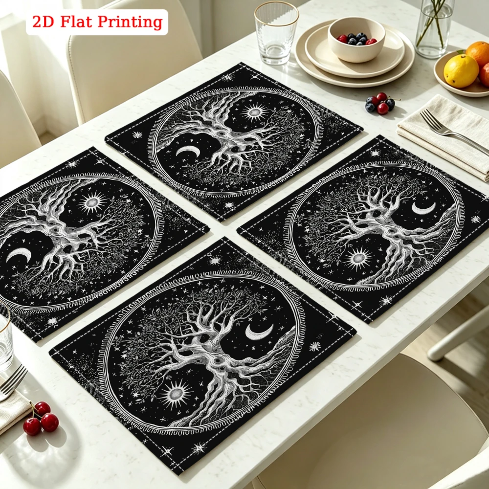 2Pcs Bohemian Placemat Black Tree Of Life Moon Stars Table Mat Kitchen Dining Decor Non Slip Heat Resistant 30X40Cm
