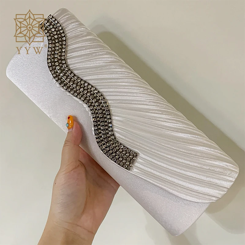 Luxury Satin Evening Party Clutch Bag With Rhinestone White Diamonds Wedding Elegant Bridal Clutches Bag Sac Main Femme 2022