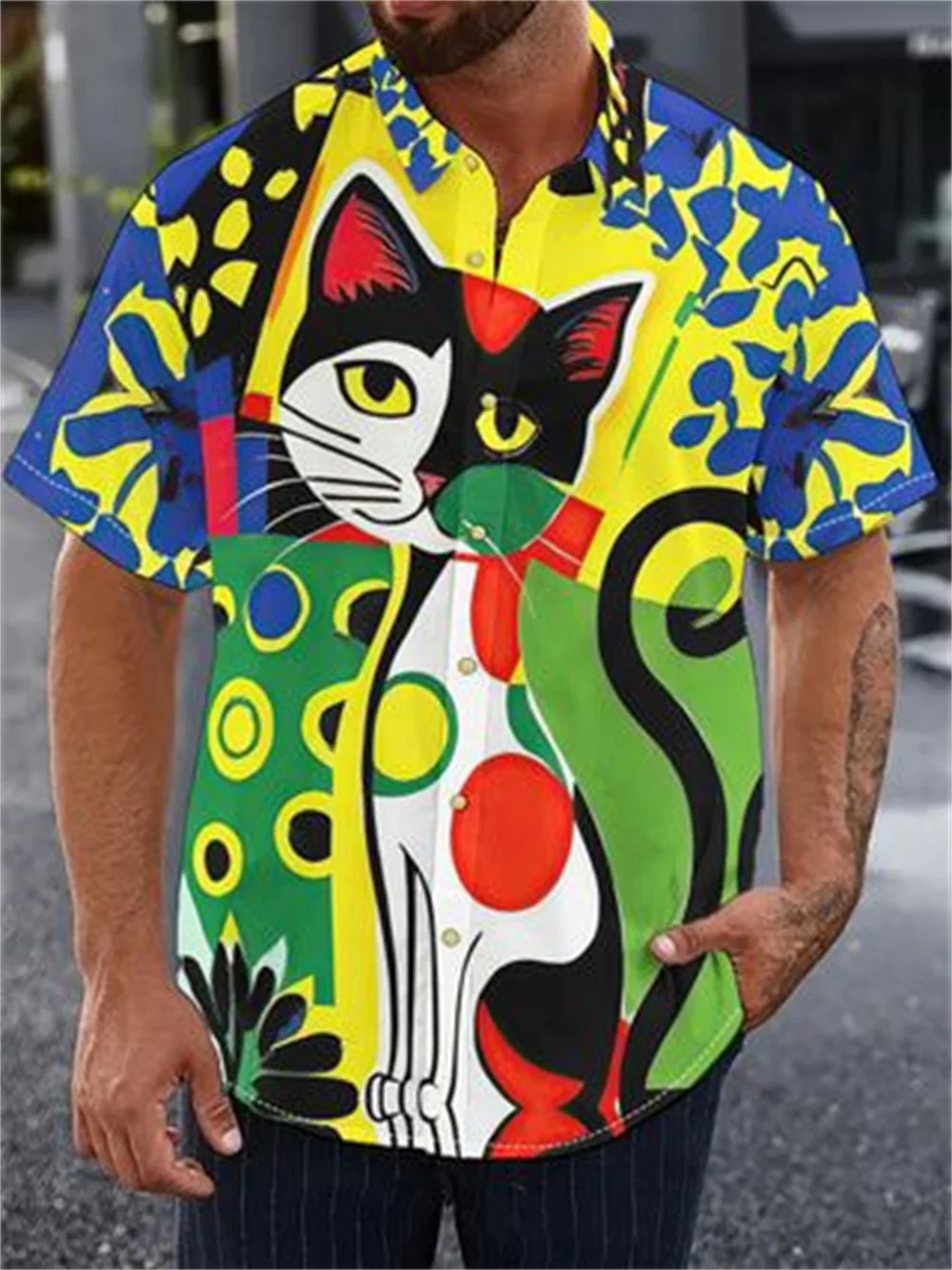 2025 Cartoon Animal Cat 3d Print Men's Shirt Casual Short Sleeve Fashion Tops Daily Loose Breathable Shirt Men's Clothing