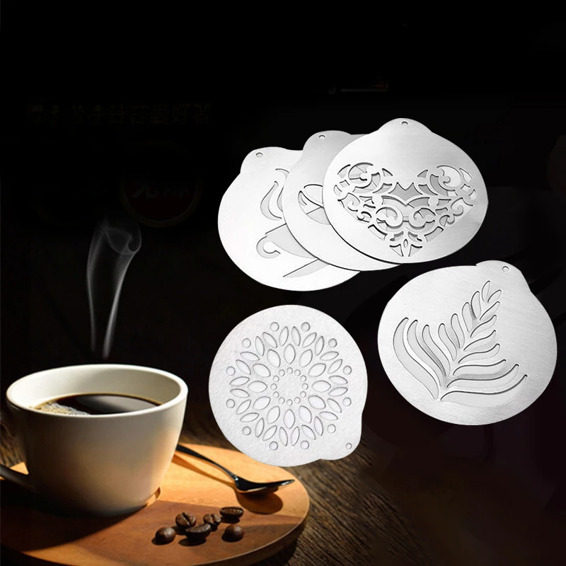 5-piece creative stainless steel coffee drawing sheet mold Portable coffee foam spray printing template