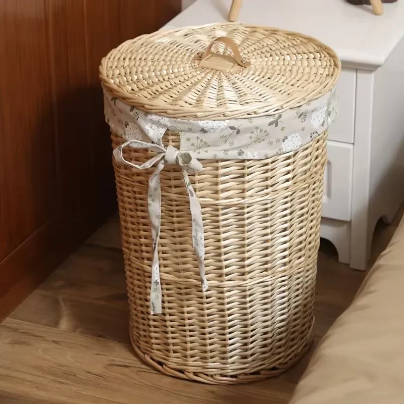Rattan Storage Basket Dirty Clothes Hamper with Lid Large Capacity Wicker Laundry Bin for Bedroom Bathroom Home Organization