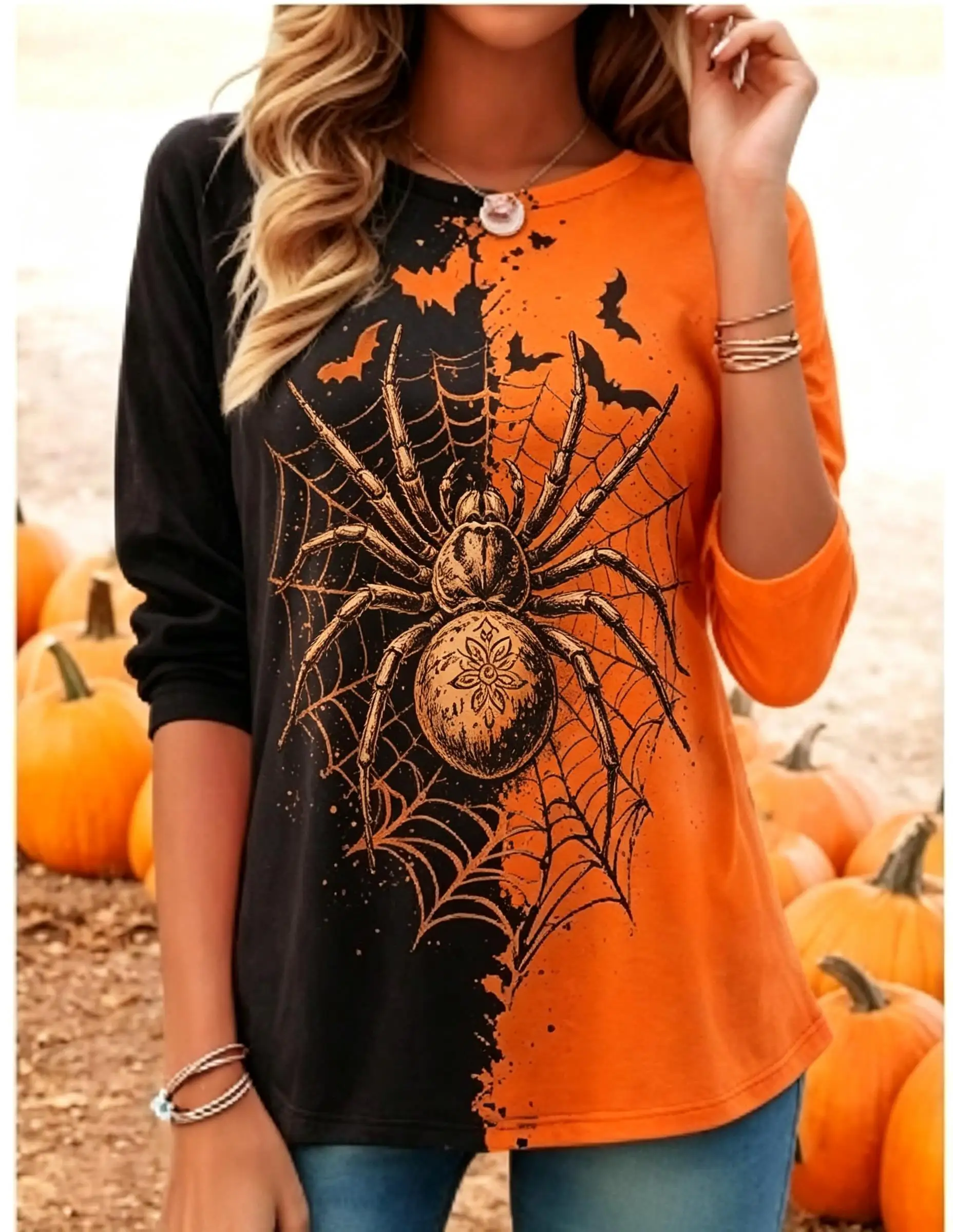 Artistic Retro Hand-Drawn of Fish Print Long Sleeve T-Shirt Round Neck Fresh Individual Top Casual Shopping Outing Wear