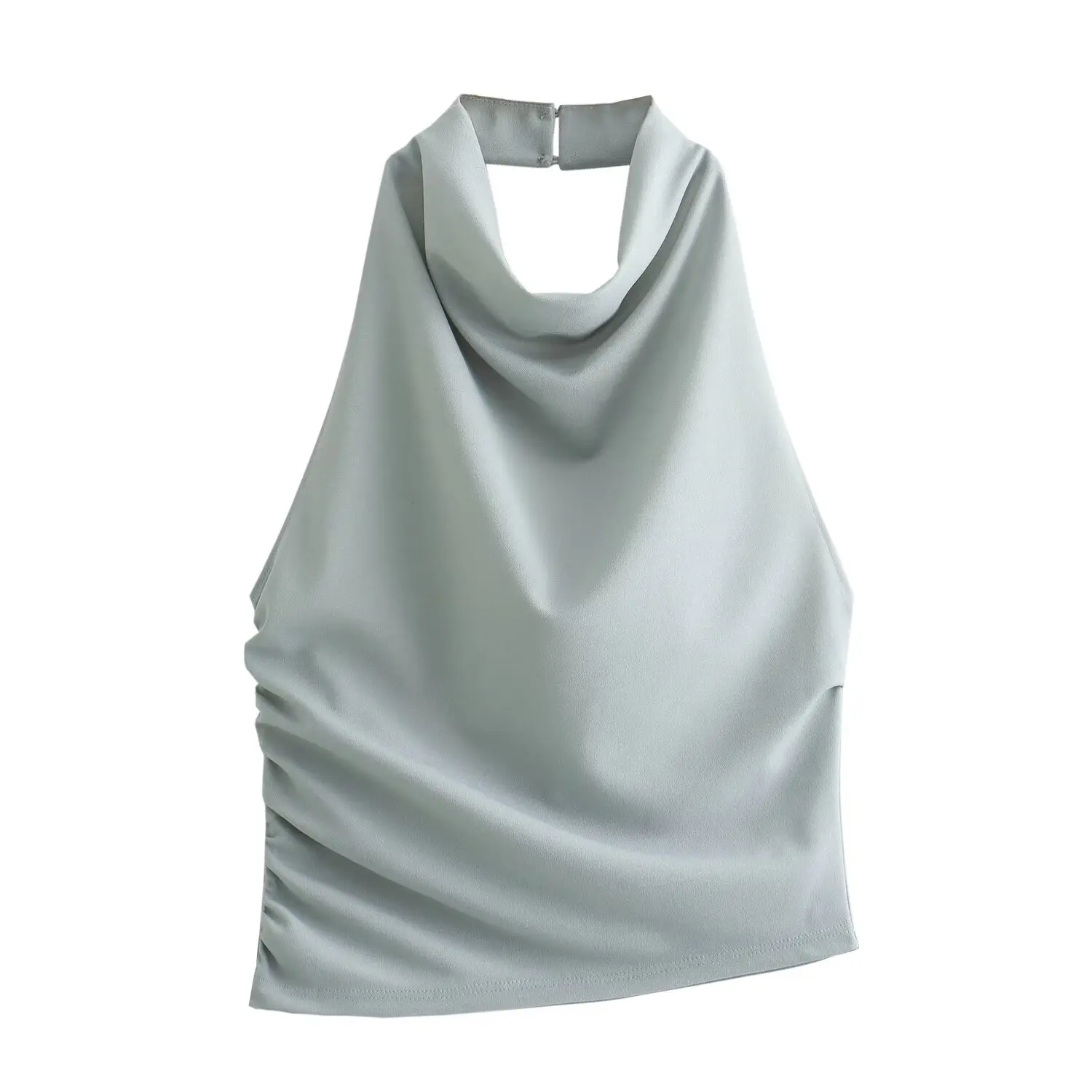 

2025 New Women's Clothing European and American Style Fashion Solid Color Lake Green Bandeau Elastic Backless Halter Collar Top