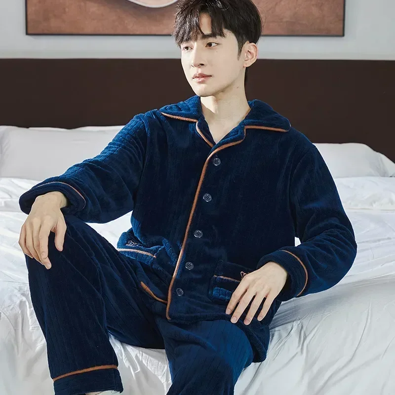 Button Flannel Pajama Pijama Sleepwear Pyjama Pajamas Sets Winter Sleep Autumn Casual Lounge Cardigan Thickening Grey Men's