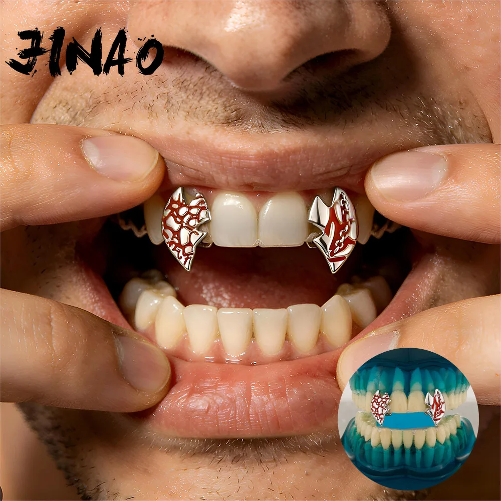 JINAO Hip Hop Nouveau lot de 2 grillz à double denture, motifs lave rouge, crocs brillants (grillz supérieur et inférieur), style punk, pour rappeur, cadeau de Noël