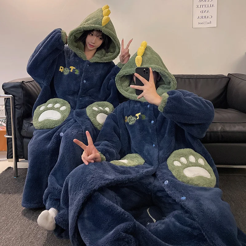 Winter Women Robe Pajama Men Sleepwear Kigurumis Dinosaur Couple Homewear Coral Velvet Nightie Long Plush Hooded Thick Robe Suit