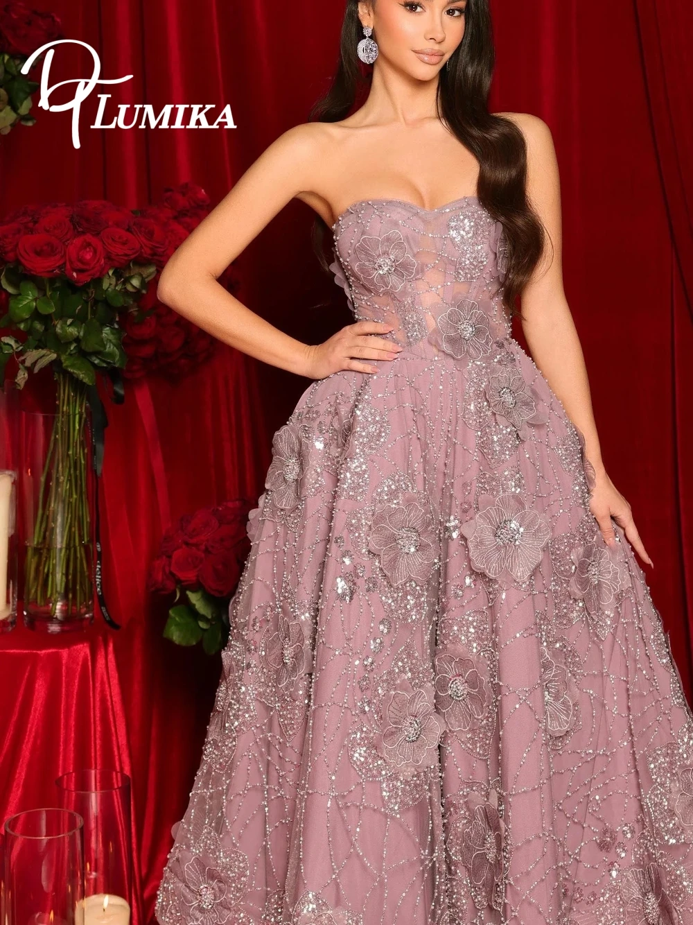 

Blooms Dreamy A Line Galas Вечернее платье Сверкающее цветочное романтическое милое декольте Очаровательное платье для выпускного вечера по индивидуальному заказу