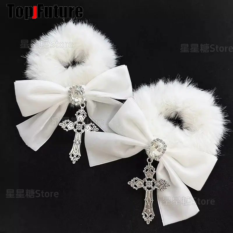 Y2K girl Bling Bling women gothic lolita cosplay Harajuku Punk cross velvet bow furry hair loop hair rope elastic hair bands