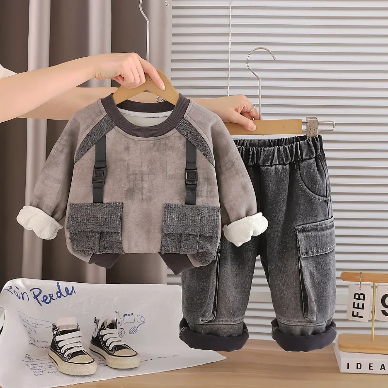New Winter Baby Clothes Suit Children Boys Casual Thick Warm Long Sleeved T-Shirt Pants 2Pcs/Sets Infant Costume Kids Tracksuits