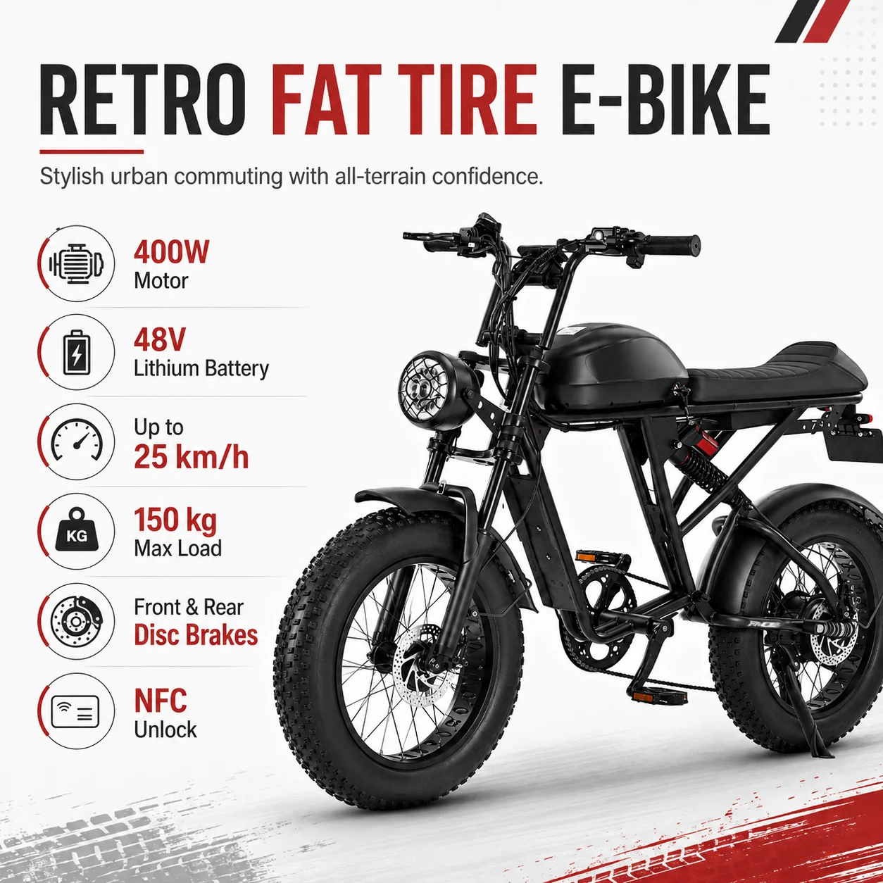 20 Inch Fat Tire Electric Bike 400W 48V Retro E-Bike 25km/h NFC Unlock Dual Disc Brake Urban Commuter
