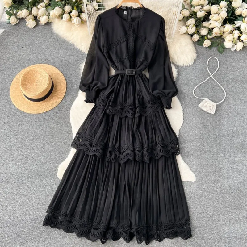 Autumn Vintage Fashion Pleated Women Long Dress Elegant Chic Solid A-Line Party Prom Vestidos Female Birthday Clothes Mujers New