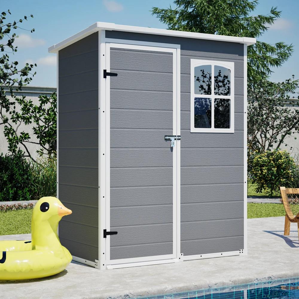 

5x3ft Gray Resin Outdoor Storage Shed with Floor, Waterproof Lockable Design and Window - Ideal Tool & Garden Storage for Backyard, Patio, Lawn