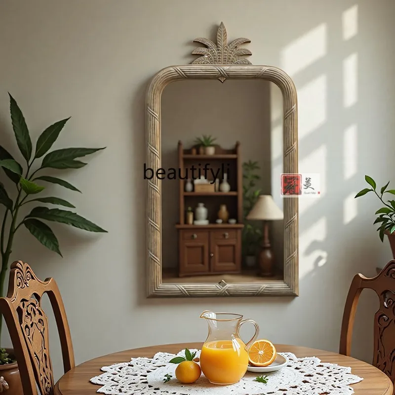 

French Carved Mirror Dressing Table Decoration Vintage Fireplace Mirror American Style Distressed Makeup Mirror