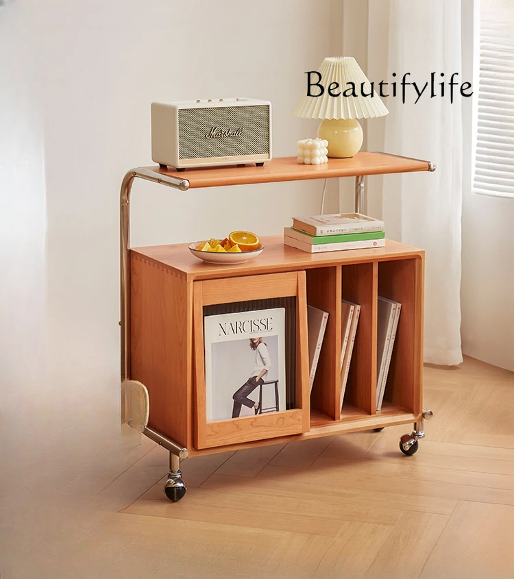 

Trolley Solid Wood Cherrywood with Wheels Sofa Side Table Movable Corner Table Magazine Side Cabinet