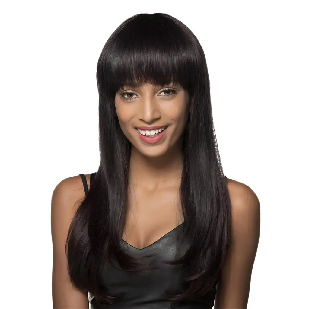 Natural Long Straight 70% Real Human Hair Wigs Cap RESISTANT Black