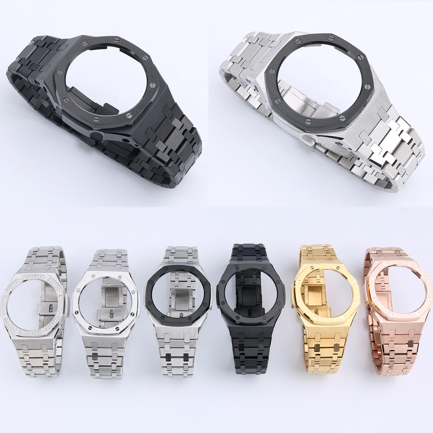 For Casio G-SHOCK Farmhouse Oak GA-2100, GA-2110, GA-B2100 Stainless Steel Diamond-Set Case and Stainless Steel Band Set