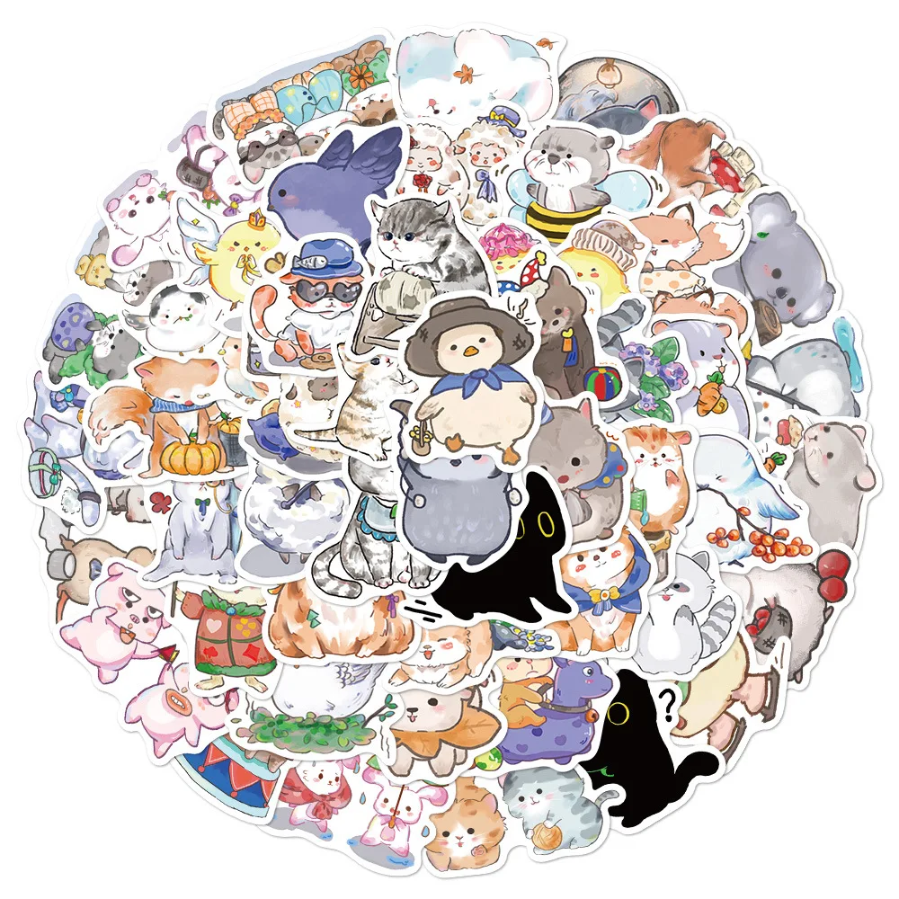 

10/30/50PCS Watercolor Animal Cute Cat Bird Animal Graffiti Sticker Cute Decorative Refrigerator Water Cup Phone Case Decal