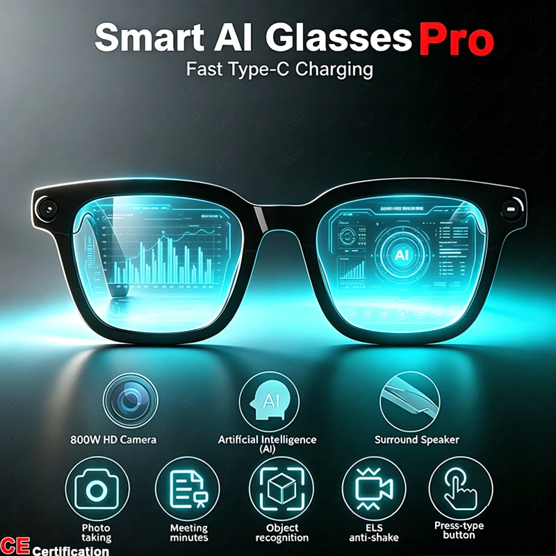 

Supports 3C Fast Charging AI Smart Glasses 800W HD Camera AI Translation AI Q&A Waterproof Video Call AI Glasses for Men Women