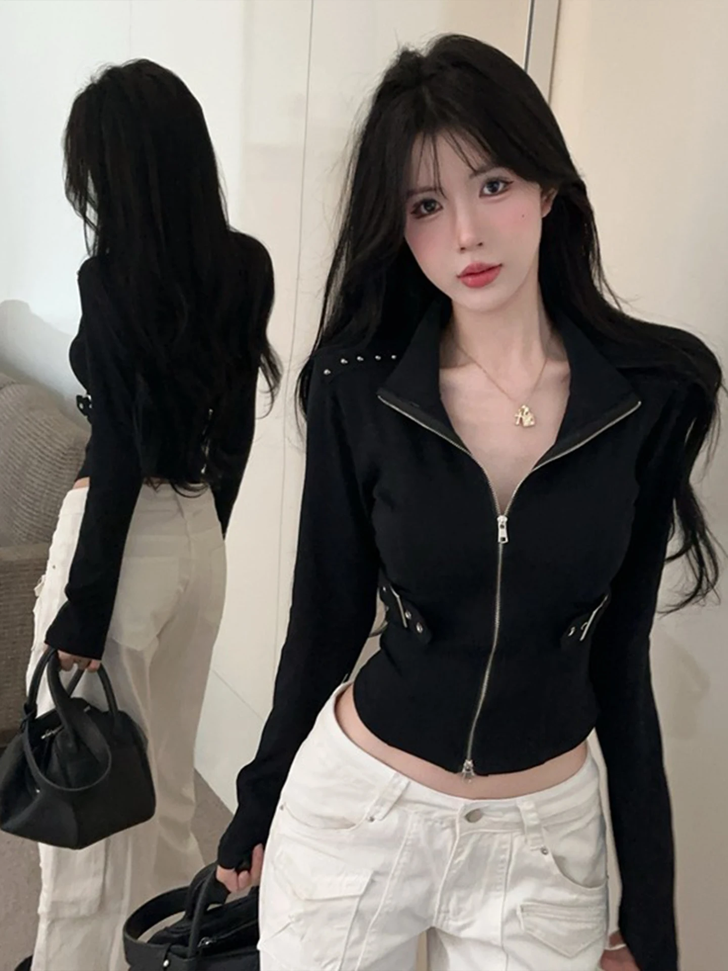 アメリカンスタイルのホットガール迷彩柄ダブルジッパーオープンカーディガンロングスリーブレディースTシャツスリムフィットファッショナブルベースシャツ...