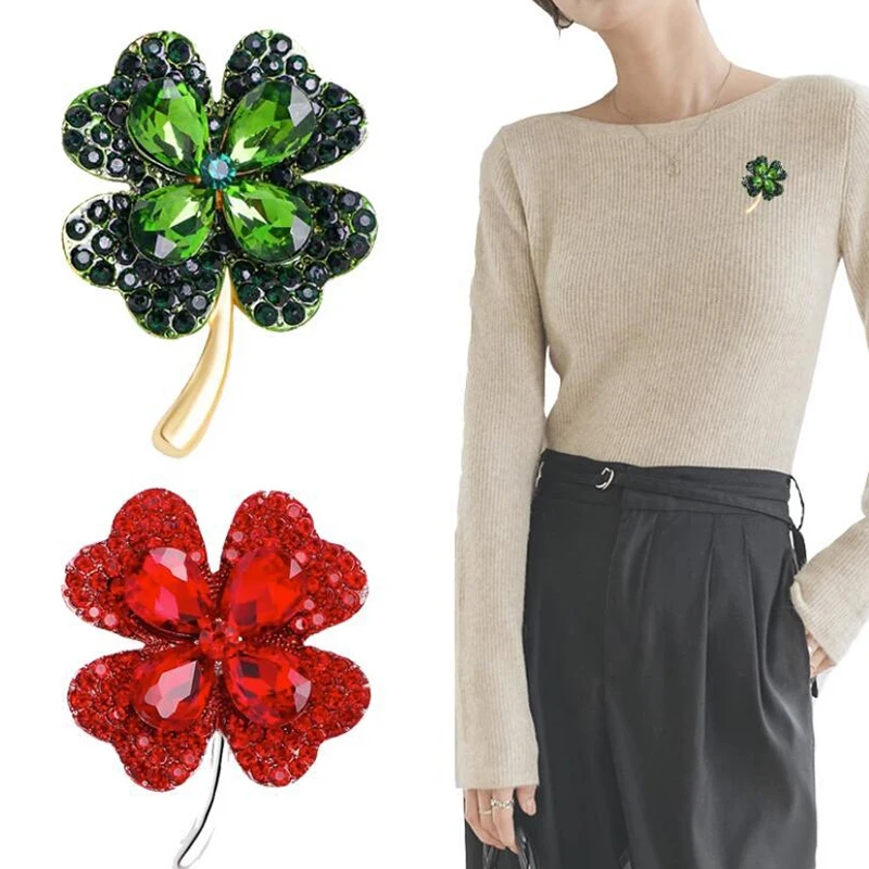 Rhinestone Clover Brooches For Women Green And Red Color Pin Peace And Health Plant Jewelry