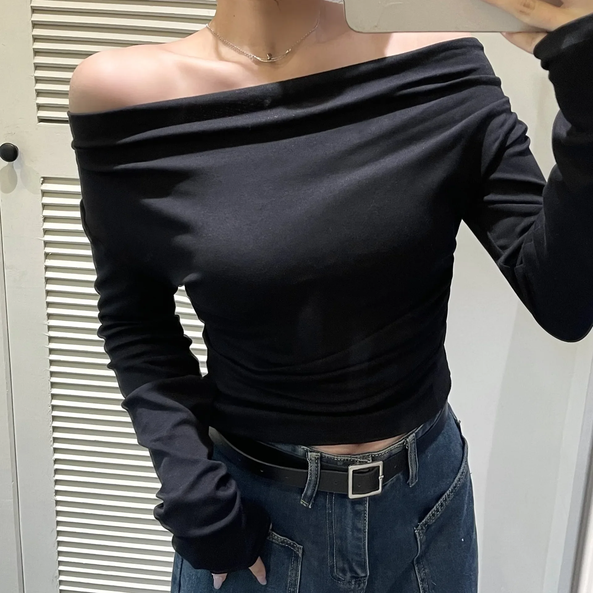 Korean Sexy Y2k Tops Women Off Shoulder Long Sleeve T Shirt Solid Elegant Autumn/Winter New Spicy Girl Slim Fit Short Crop Top