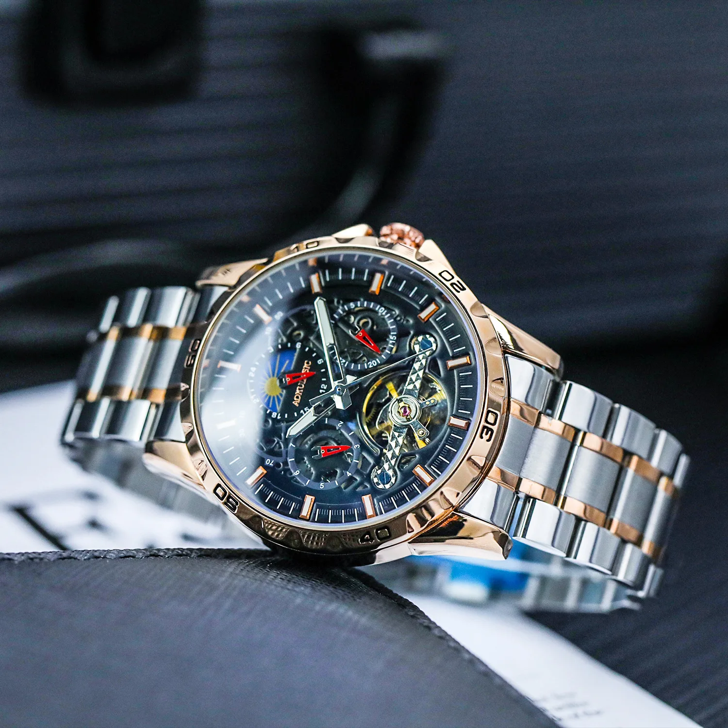 Stainless Steel New Six-Hands Full Skeleton Multifunction Luminous Waterproof Self-Wind Automatic Watch for Men