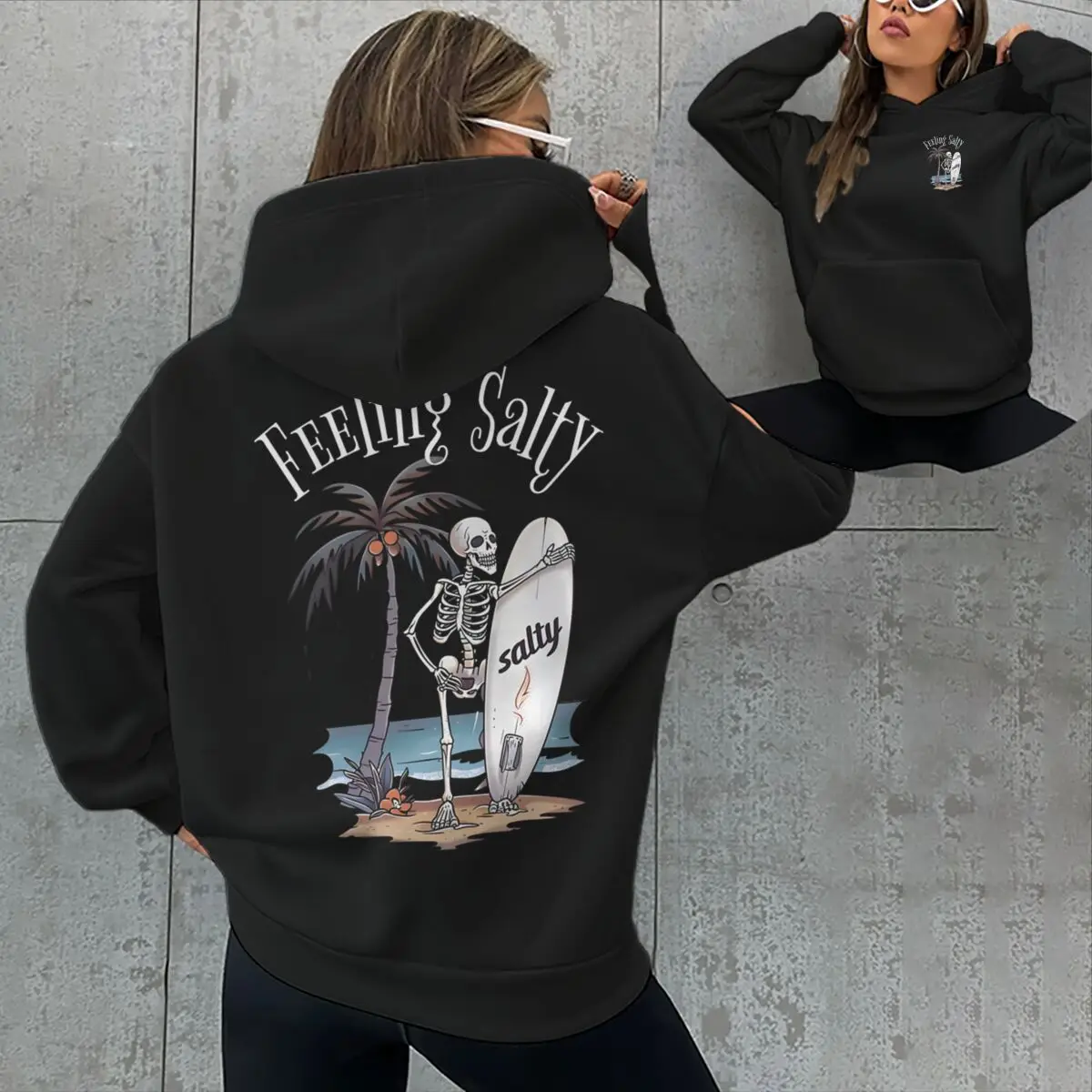 

Skull and Palm Trees Coastal "Feeling Salty" Sweatshirt Hoodie Skeleton Graphic Vacation Casual Wear Streetwear Hoodies Unisex