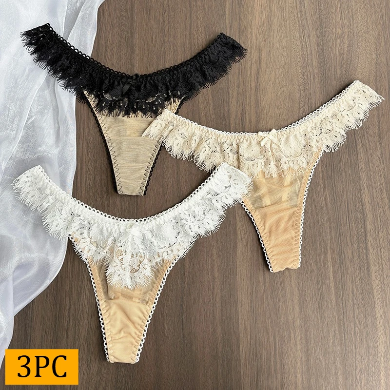 

3 шт., сексуальные кружевные стринги, женские стринги, кружевные трусики-бикини с бантом танга, нижнее белье, женские трусы с низкой талией, женские трусики