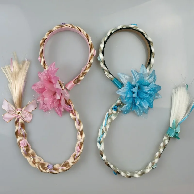 

10pcs Princess Kids Flower Crown Long Pigtail Hair Wig Headband Hoop Props Girl Braided Accessories Birthday Cosplay Christmas