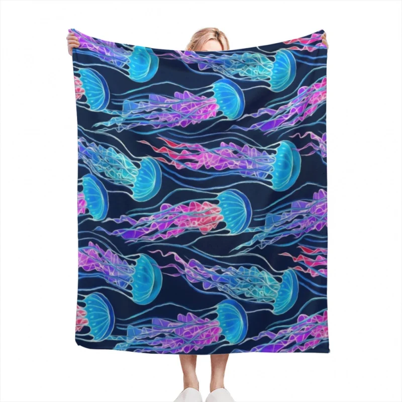 Luminescent Rainbow Jellyfish on Navy Blue Throw Blankets Soft Velvet Blanket Camping Bedding Blanket Cold Cinema or Travel