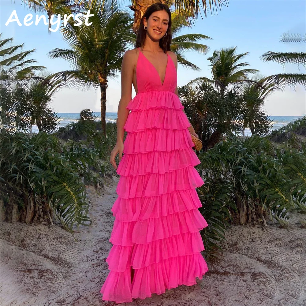 Aenryst V Neck A Line Tulle Prom Dresses Tiered Side Split Evening Dress Floor Length Formal Occasion Gowns Rose Red customized