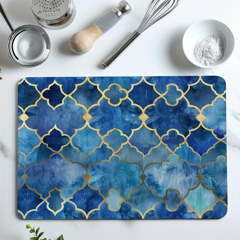 Blue Gold Moroccan Tile Kitchen Drying Mat,Coffee Machine Counter,Dish Tableware Draining,Non Slip,Water Absorbent,Gift