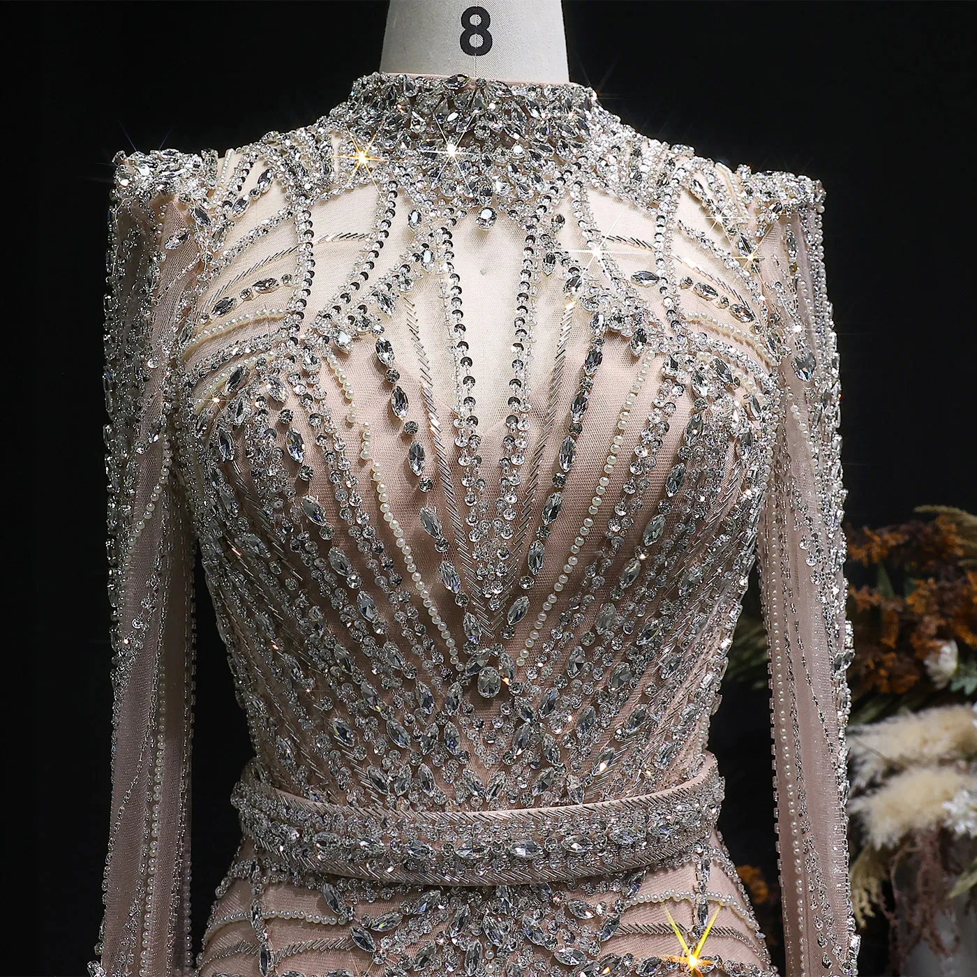 Sharon Said Luxuriöses Weinrotes Abendkleid mit Perlen-Kristall-Verzierung Elegantes Champagner-Festkleid für Damen SS186 Maßanfertigung – Detail 11