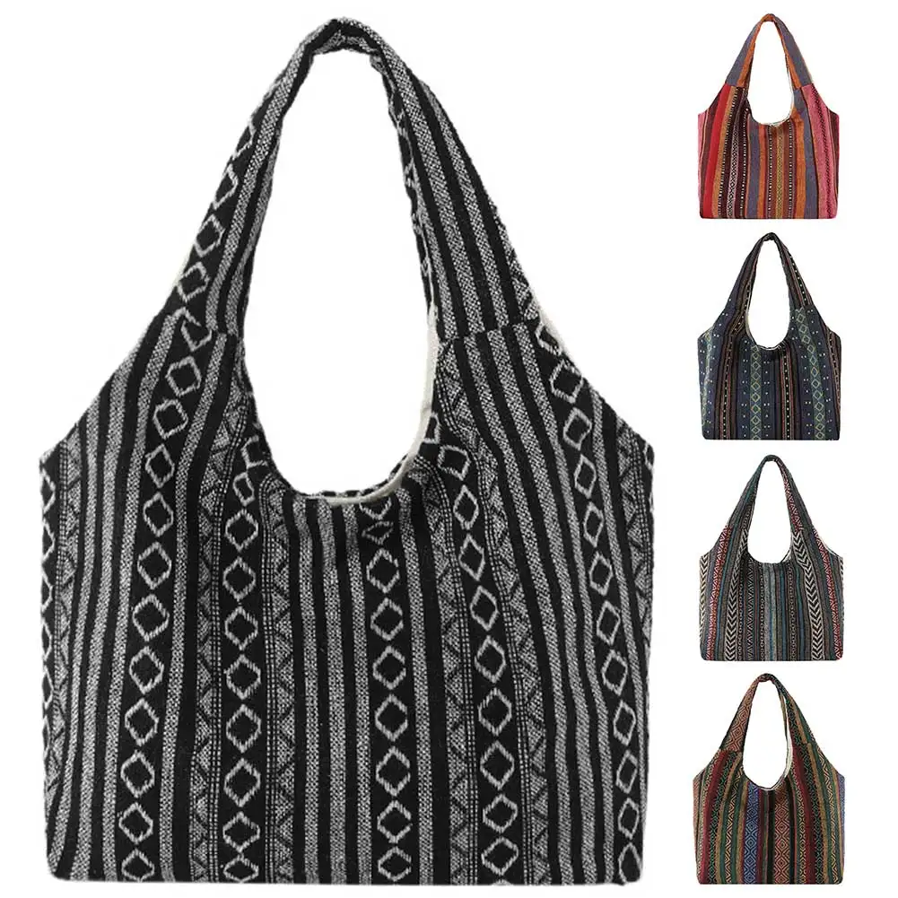 Canvas Striped Trendy Crossbody Bag Ethnic Tote Bag Large Capacity Shoulder Purse Bohemian Hippie Bag for Women and Girls