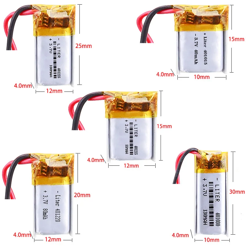 401015 40mah 401030 130mah 401215 55mah 401220 80mah 401225 100mah 3.7V polymer lithium battery