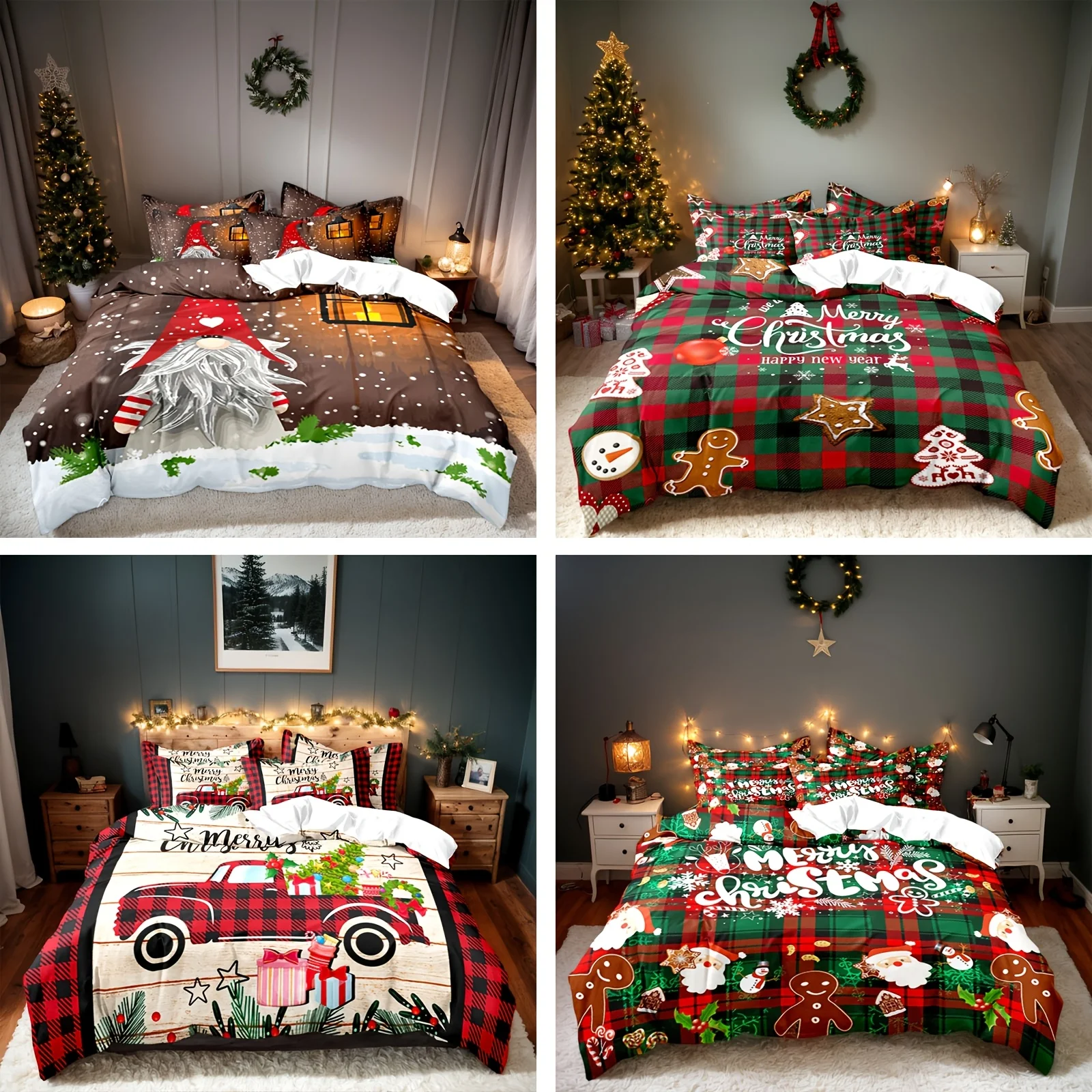 Christmas Velvet Duvet Cover Set Santa Sleigh Reindeer Snowman Snowflake Pattern Ultra Soft Digital Print Bedding for Bedroom